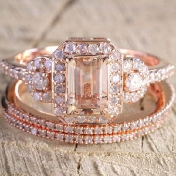 NEW 18K Rose Gold  Morganite 2 Piece Ring Set - Picture 2 of 13